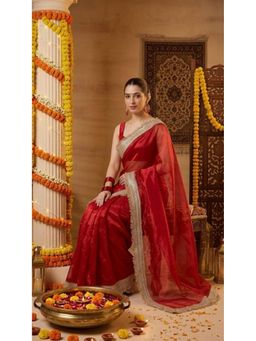 HANDME - Ravishing Scarlet Radiance Tissue Saree with Unstitched Blouse