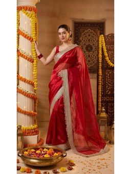 HANDME - Ready To Wear Red Tissue Embellished/Sequined Saree with Unstitched Blouse