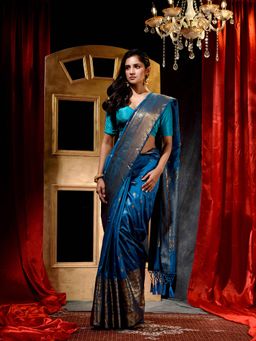 HOUSE OF BEGUM - Women Handwoven Firozi Banarasi Silk Saree with Unstitched Blouse