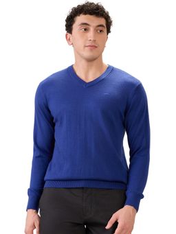 ColorPlus - Medium Blue Regular Fit Solid Full Sleeve Sweater