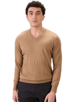 ColorPlus - Light Brown Regular Fit Solid Full Sleeve Sweater