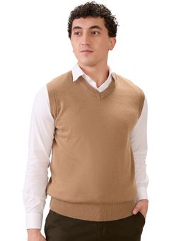 ColorPlus - Light Brown Regular Fit Solid Sleeveless Sweater