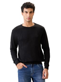 Raymond - Men Black Regular Fit Self Design Full Sleeve Sweater