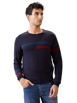 Raymond - Navy Blue Regular Fit Striped Full Sleeve Sweater