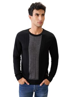 Raymond - Black Regular Fit Self Design Full Sleeve Sweater