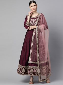 Readiprint - Semi-Stitched Anarkali Style Art Silk Fabric Wine Kurta with Bottom & Dupatta (Set of 3)