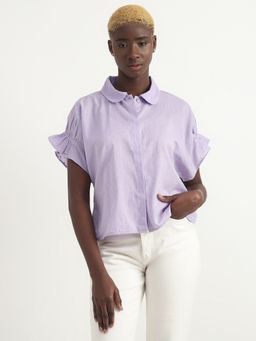 United Colors of Benetton - Cotton Purple Embroidered Collar Neck Women Shirt
