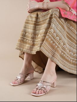 MOZAFIA - Women Rose Gold Embroidered Block Heels