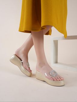 MOZAFIA - Women Beige Embellished Designer Wedges Heels