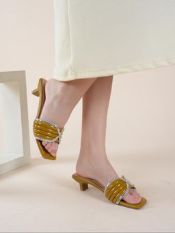 MOZAFIA - Women Yellow Embellished Party Block Heels