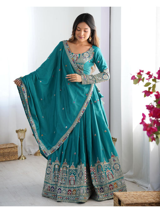 Pink Ethnic Turquoise Embellished Semi-Stitched Lehenga with Unstitched Blouse & Dupatta (Set of 3)