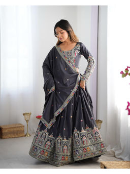 Pink Ethnic - Black Embellished Semi-Stitched Lehenga with Unstitched Blouse & Dupatta (Set of 3)