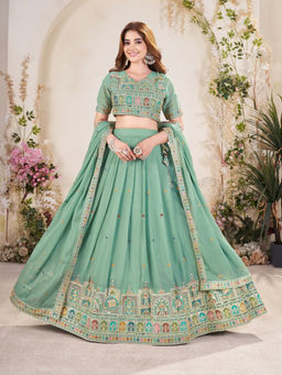Pink Ethnic - Aqua Embellished Semi-Stitched Lehenga with Unstitched Blouse & Dupatta (Set of 3)
