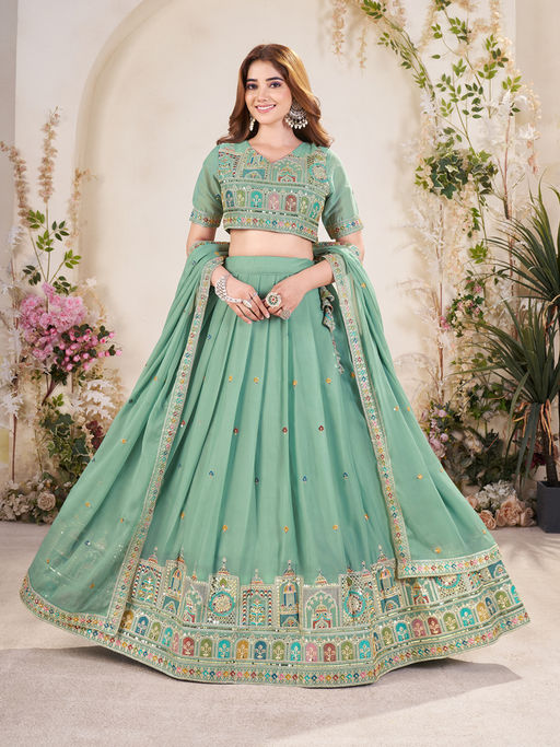 Pink Ethnic Aqua Embellished Semi-Stitched Lehenga with Unstitched Blouse & Dupatta (Set of 3)