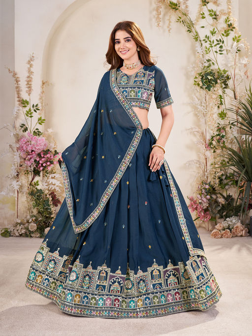 Pink Ethnic Navy Blue Embellished Semi-Stitched Lehenga with Unstitched Blouse & Dupatta (Set of 3)