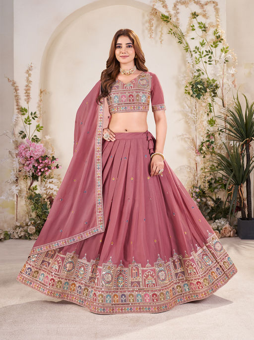Pink Ethnic Pink Embellished Semi-Stitched Lehenga with Unstitched Blouse & Dupatta (Set of 3)
