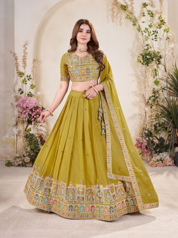 Pink Ethnic - Green Embellished Semi-Stitched Lehenga with Unstitched Blouse & Dupatta (Set of 3)
