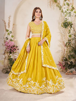 Pink Ethnic - Yellow Embellished Semi-Stitched Lehenga with Unstitched Blouse & Dupatta (Set of 3)