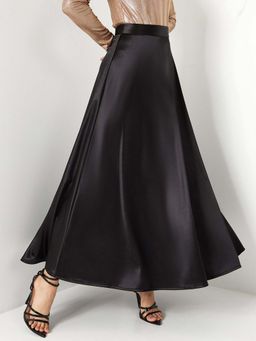 Styli - Black High Rise Satin A-line Maxi Skirt
