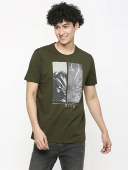 Spykar - Men Rifle Green Cotton Slim Fit Round Neck Printed T-Shirt