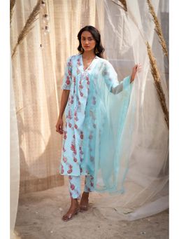 Charkhee - Blue Printed Gathered V Neck Kurta with Pant and Dupatta (Set of 3)