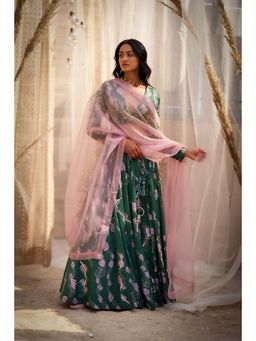 Charkhee - Green Printed Lehenga with Blouse and Dupatta (Set of 3)