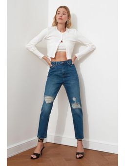 Trendyol - Navy High Waist Straight Leg Ripped Jeans