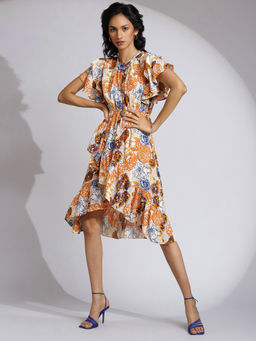 Label Ritu Kumar - Yellow Floral Print Ruffled Short Dress