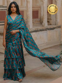 Baaro Masi - Teal Vegan Satin Draped Saree with Stitched Blouse