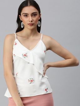 SHOWOFFFF - Women Shoulder Straps Sleeveless Floral White Top