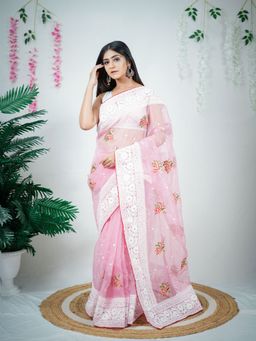 Odette - Pink Organza Embroidered Saree with Unstitched Blouse