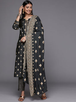 Libas - Black Printed Kurta with Pant and Dupatta (Set of 3)
