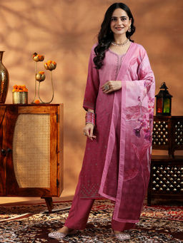 Libas - Pink Muslin Self Design Kurta Sets for Women