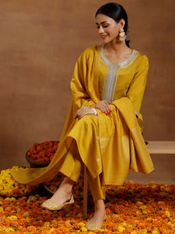Gerua By Libas - Mustard Silk Blend Embroidered Kurta Sets for Women