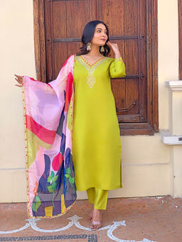 Lush Glam - Green Embroidered Kurta with Pant and Dupatta (Set of 3)