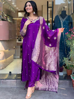 Lush Glam - Purple Woven Kurta with Pant and Dupatta (Set of 3)