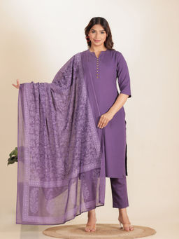 ARAMYA - Purple Solid Kurta with Pant and Dupatta (Set of 3)