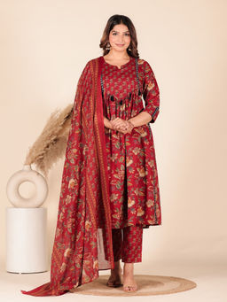 ARAMYA - Red Floral Anarkali Kurta with Pant and Dupatta (Set of 3)