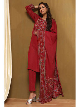 Biba - Red Printed Kurta with Pant and Dupatta (Set of 3)