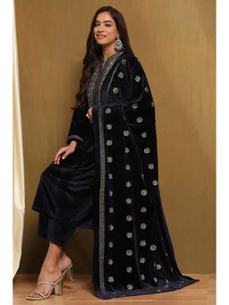 Biba - Navy Blue Floral Kurta with Palazzo and Dupatta (Set of 3)
