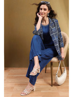 Biba - Blue Solid Jacket with Inner and Palazzo (Set of 3)