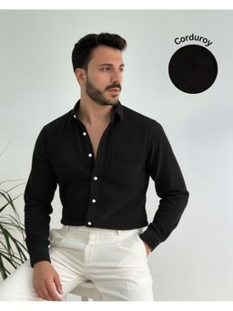 RIGO - Men Black Corduroy Cut Away Collar Casual Shirt
