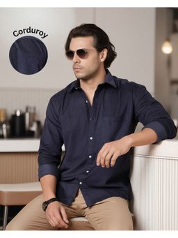 RIGO - Men Blue Corduroy Cut Away Collar Casual Shirt