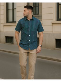 RIGO - Men Striped Green Cotton Cut Away Collar Casual Shirt