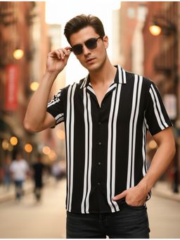 RIGO - Men Black Rayon Striped Cut Away Collar Casual Shirt