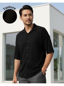 RIGO - Men Black Ribbed Cut Away Collar Oversized Shirt