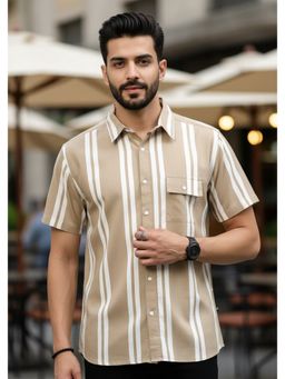 RIGO - Men Beige Rayon Striped Cut Away Collar Casual Shirt