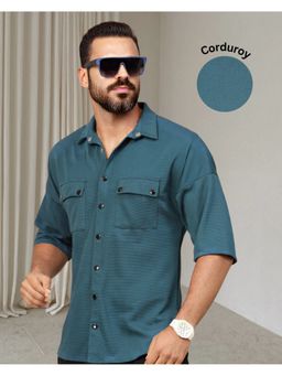 RIGO - Men Teal Green Textured Drop Shoulder Oversized Shirt