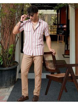 RIGO - Men Stripes Print Cut Away Collar Pink Casual Shirt