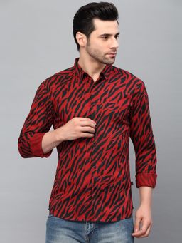 RIGO - Men Zebra Print Cut Away Collar Maroon Shirt